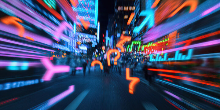 Night Cityscape with Motion Blur, Neon Lights, and Question Marks