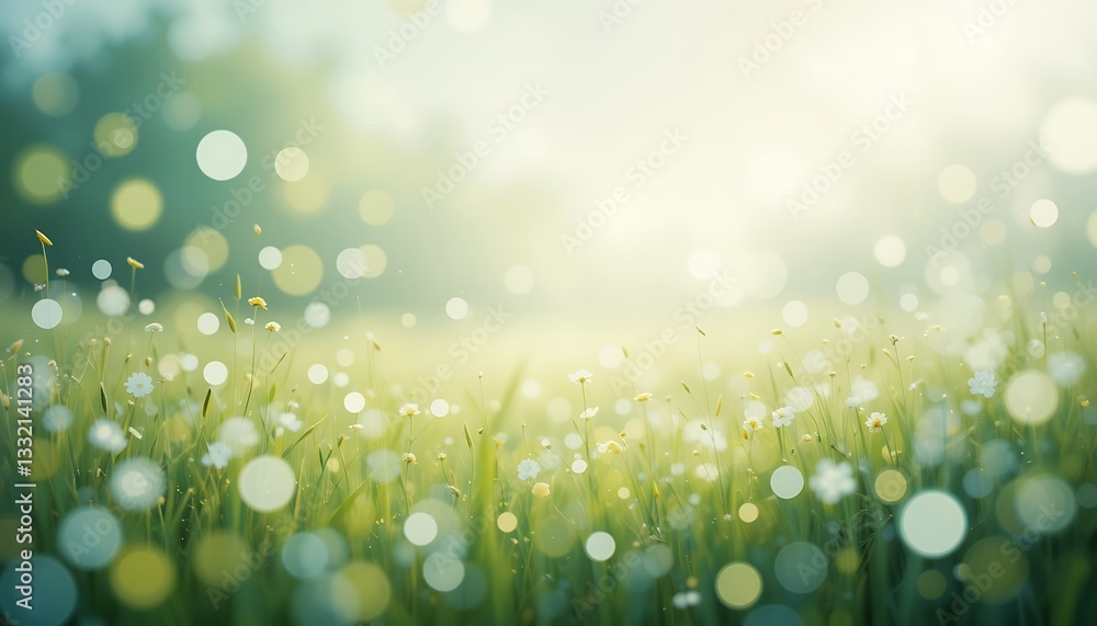 Poster serene meadow with daisies and bokeh lights creating a dreamy atmosphere
