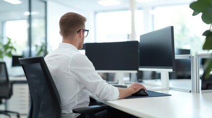 Focused Man Working at Modern Office Desk with Dual Monitors