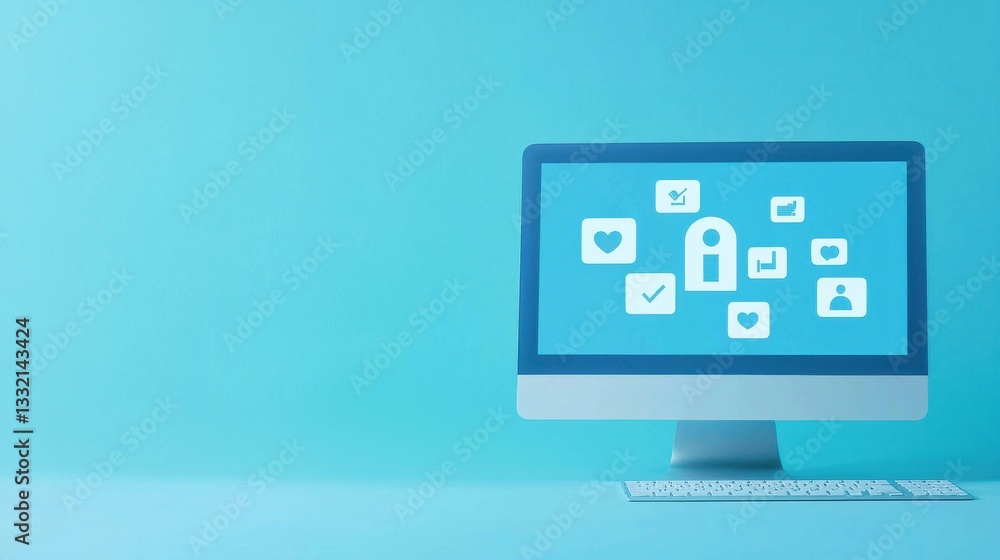 Aufkleber computer screen displaying digital icons on a bright turquoise background