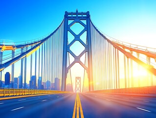 Obraz premium A large suspension bridge spans over a waterway at sunrise