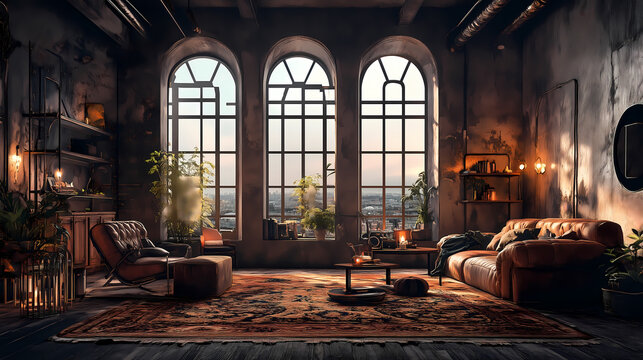 Vintage glam living room with industrial flair, complete with a patterned Persian rug, large metal-framed windows, and a cozy leather loveseat