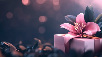 Present with Pink Flower and Dark Leaves for Celebration or Gifting