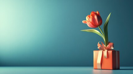 Fototapeta premium Elegant Tulip with Gift Box Still Life on Teal Background, Mother Day Background
