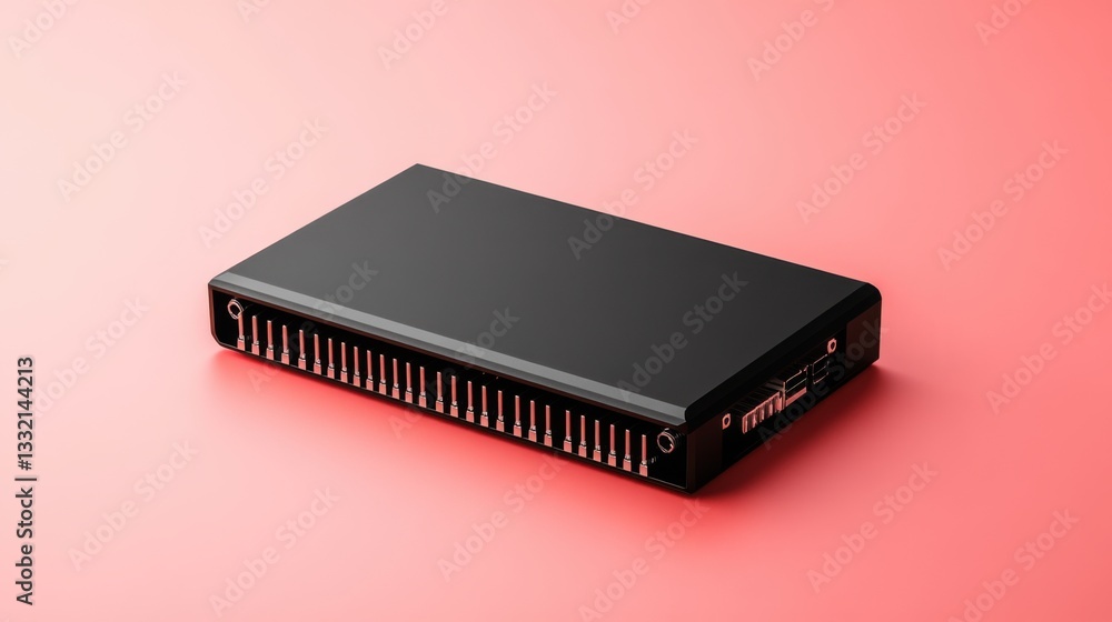 Poster elegant sleek black electronic device with minimalistic design against soft pink background for tech