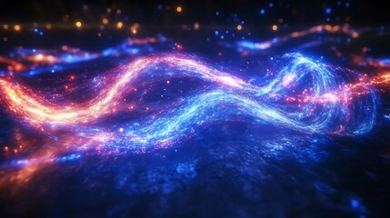 Fototapeta premium Glowing streams of light and color flow across a dark background