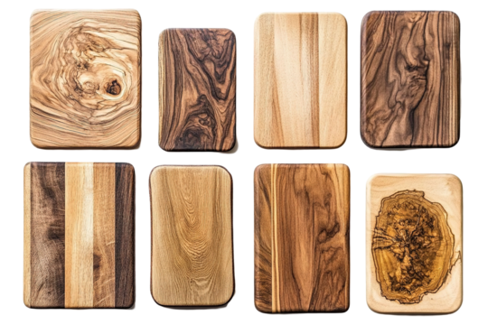 A collection of wooden boards with various shapes and sizes. ,on transparent background.