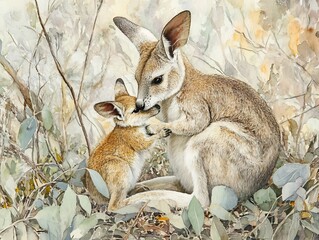 Fototapeta premium Mother Agile Wallaby gently grooming her joey their interaction framed by soft eucalyptus leaves in the foreground the natural vignette drawing attention to their bond