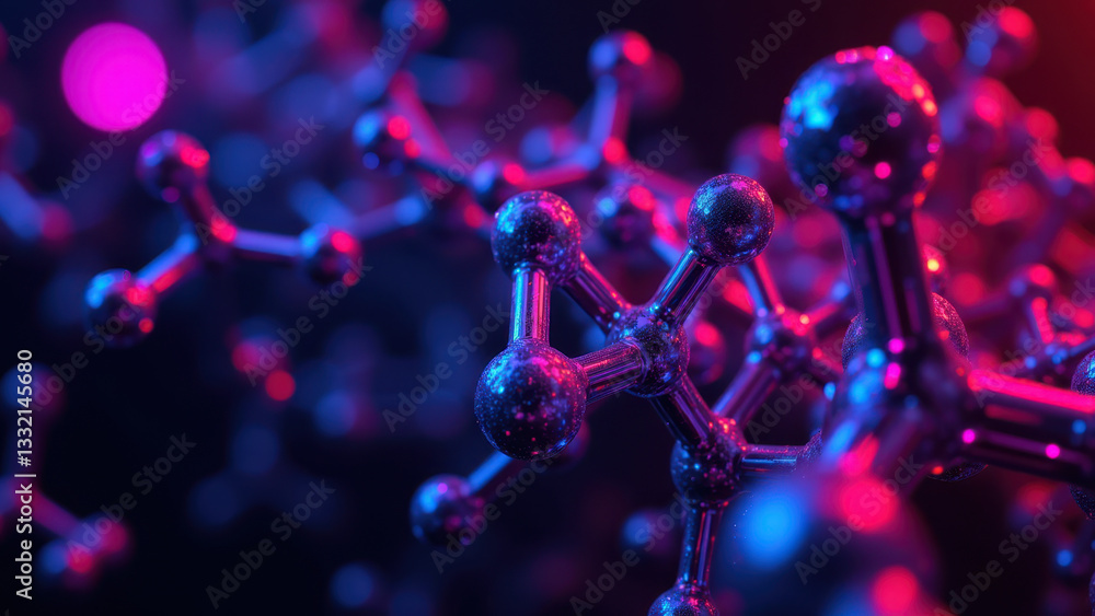 Poster 3d rendering of a molecule with colorful atoms and bonds, emphasizing medical research and science.