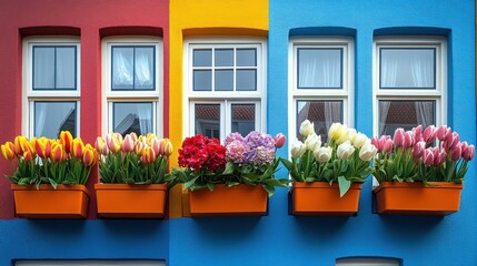 Fototapeta premium Vibrant colorful building facade with flower boxes