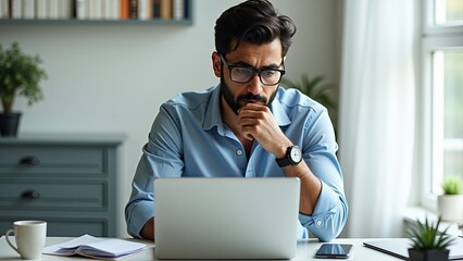 A man with glasses and a beard is sitting at a desk, deeply focused on his laptop computer. He has his hand on his chin, suggesting he is contemplating or thinking about something important.