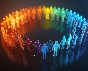 3Drendered graphic of colorful human avatars linked in a circular network, highlighting collaboration, workforce connections, and digital HR concepts, high contrast, ultradetailed
