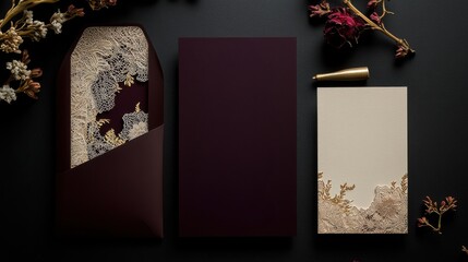Elegant Gold Foil Accents on Burgundy and White Envelopes against Black