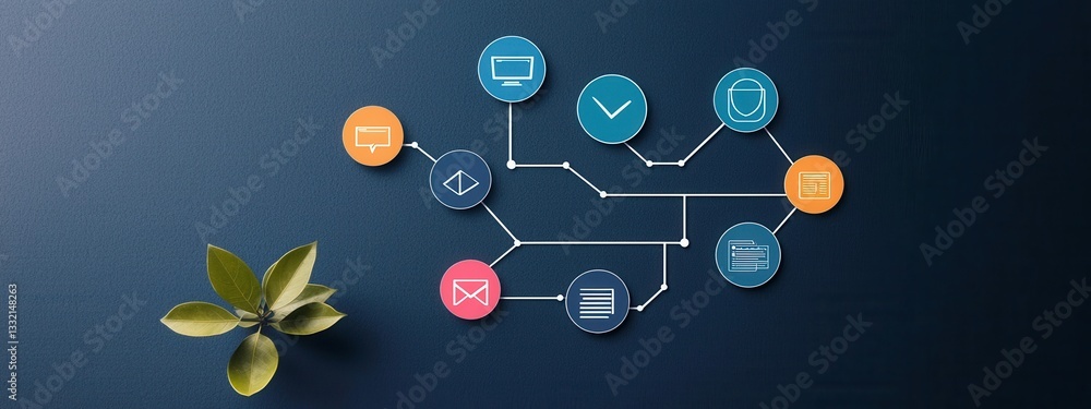 Poster digital workflow diagram with icons and plant on dark background