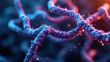 Detailed molecular model of a DNA double helix with glowing nucleotides.