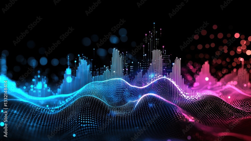 Poster vibrant abstract waveform graph with glowing lights and particles
