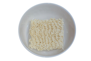 Instant noodles in white bowl on white background.