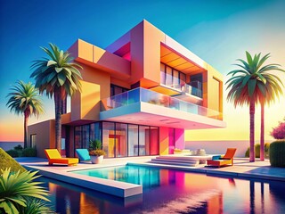Fototapeta premium Sunny Summer Day Modern Architecture 3D Render Stock Photo