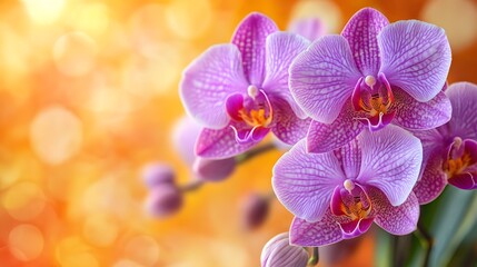 Naklejka premium Beautiful pink orchids with golden bokeh background, elegance of nature