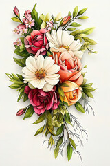 Fantasy floral watercolor featuring vintage botanical elements and enchanting fantasy flowers. Beautiful Floral Arrangement with Various Colorful Flowers