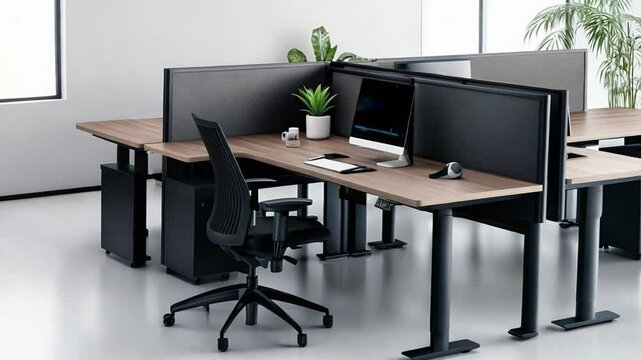 Modern office workspace with adjustable desks and plants in a bright environment