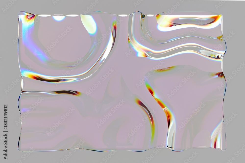Poster abstract 3d artwork with a wavy, glass-like surface featuring iridescent, rainbow reflections. the d