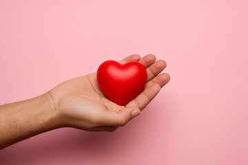 Obraz premium Delicate Hand Holding a Beautiful Red Heart-Shaped Present