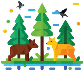 Fototapeta premium Scandinavian Forest Wildlife Scene with Animals and Birds icon victor design image isolated on the white background.