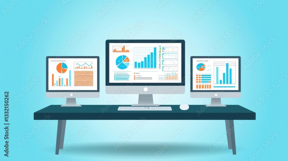 Poster three monitors displaying colorful data visualizations and graphs