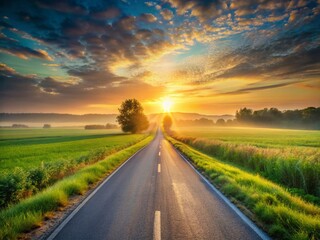 Naklejka premium Sunrise Country Road: Serene Summer Drive with White Line