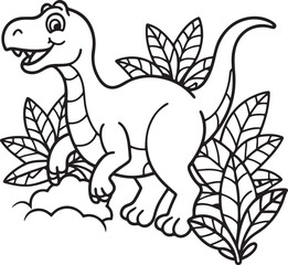 A coloring page featuring a dinosaur sprinting in a lush jungle, suitable for kids