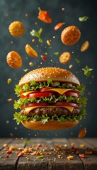 Dynamic action shot of a burger flying through the air surrounded by splashes of food, flying, burger, food, photography, dynamic