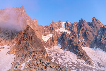 Aiguilles de Chamonix rocky granite mountain peaks in french Alps around Mont Blanc summit in...