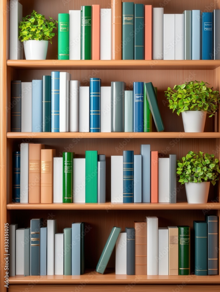 Poster a stylish bookshelf with a green plant centered in the middle and ample copy space surrounding it