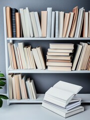A well-organized bookshelf filled with various books and ample copy space for creative display ideas