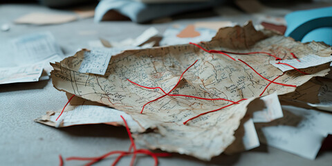 Fragmentary Antique Map with Red String Markings and Associated Papers