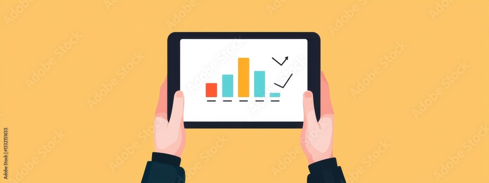Poster hands holding tablet displaying colorful bar graphs and checkmarks