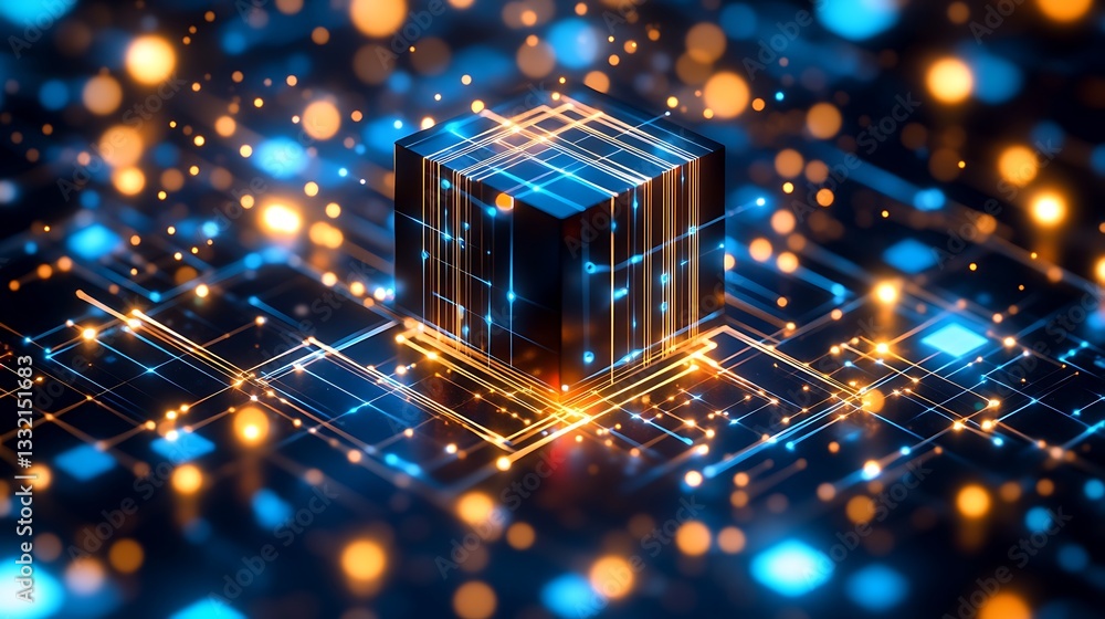 Aufkleber A glowing cube surrounded by networks of illuminated circuitry patterns