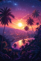 Fototapeta premium A purple sky with stars and the Milky Way, purple palm trees in the foreground
