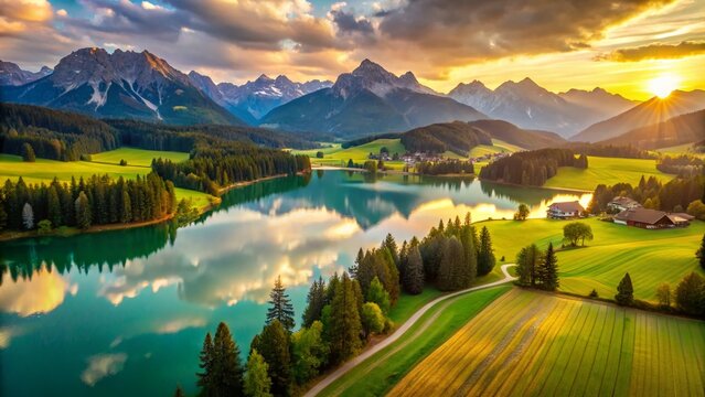 Sunrise over Wolfsee Lake, Fiss, Austrian Alps - Drone View