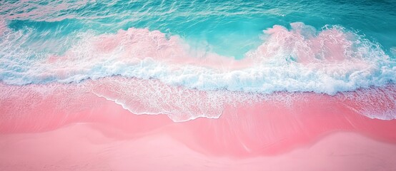 A breathtaking view from above of a beach with pink sand, encircled by brilliant blue waters and powerful white waves, ideal for a summer escape with plenty of room for travel and vacation ideas
