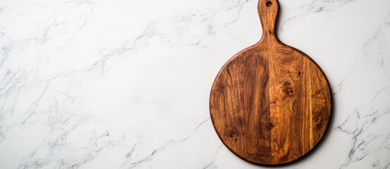 A wooden circular board sits atop a white stone kitchen table, captured from a bird's eye view in a flat lay style, accompanied by a wooden round pizza serving tray that leaves space for text