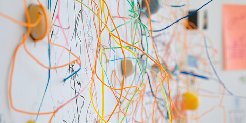 Multicolored Yarn Strings on White Surface with Ink Drawings