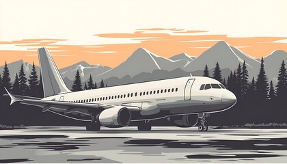 Airplane is stationary on the ground in a mountainous landscape setting