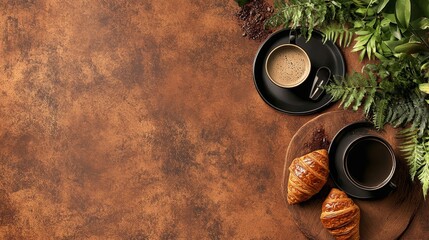 A wooden table holds croissants and coffee, captured from an overhead view with room for text