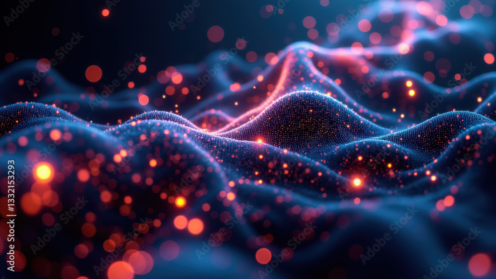 Poster dynamic molecular structure with glowing spheres against a vibrant backdrop, highlighting intricate 