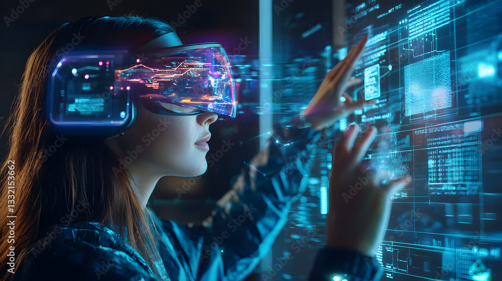Poster analyzing holographic data in virtual environments digital workspace stock photo futuristic perspect