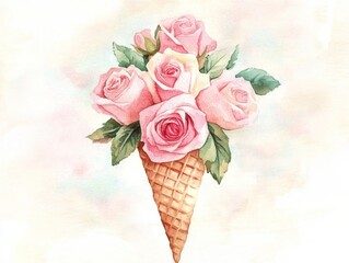 Delicate watercolor illustration of soft blush pink roses in a cone design for cards and posters