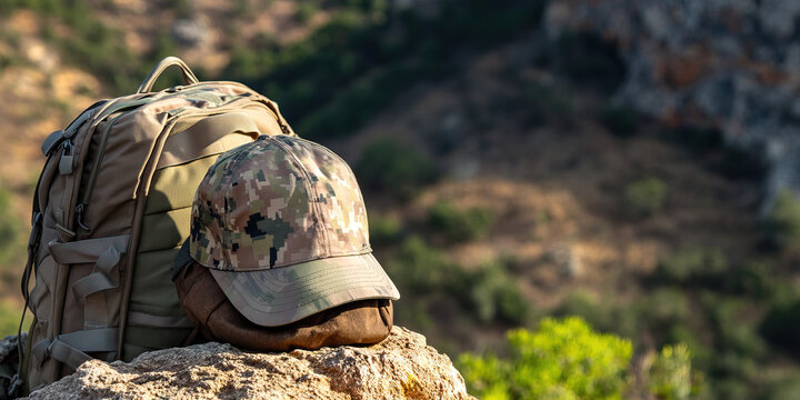 Tan Backpack and Camouflage Cap on Rock