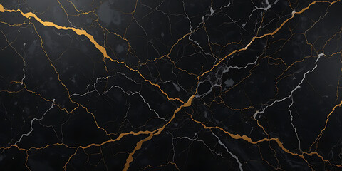 A stunning black marble texture with dramatic gold veining. The deep black stone serves as a bold contrast to the luminous gold cracks, creating a luxurious and powerful aesthetic. This design exudes 